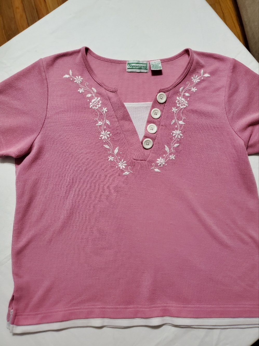 Vintage Shenanigans Pink Knit Polo Top Floral Embroidered Cottagecore Golf